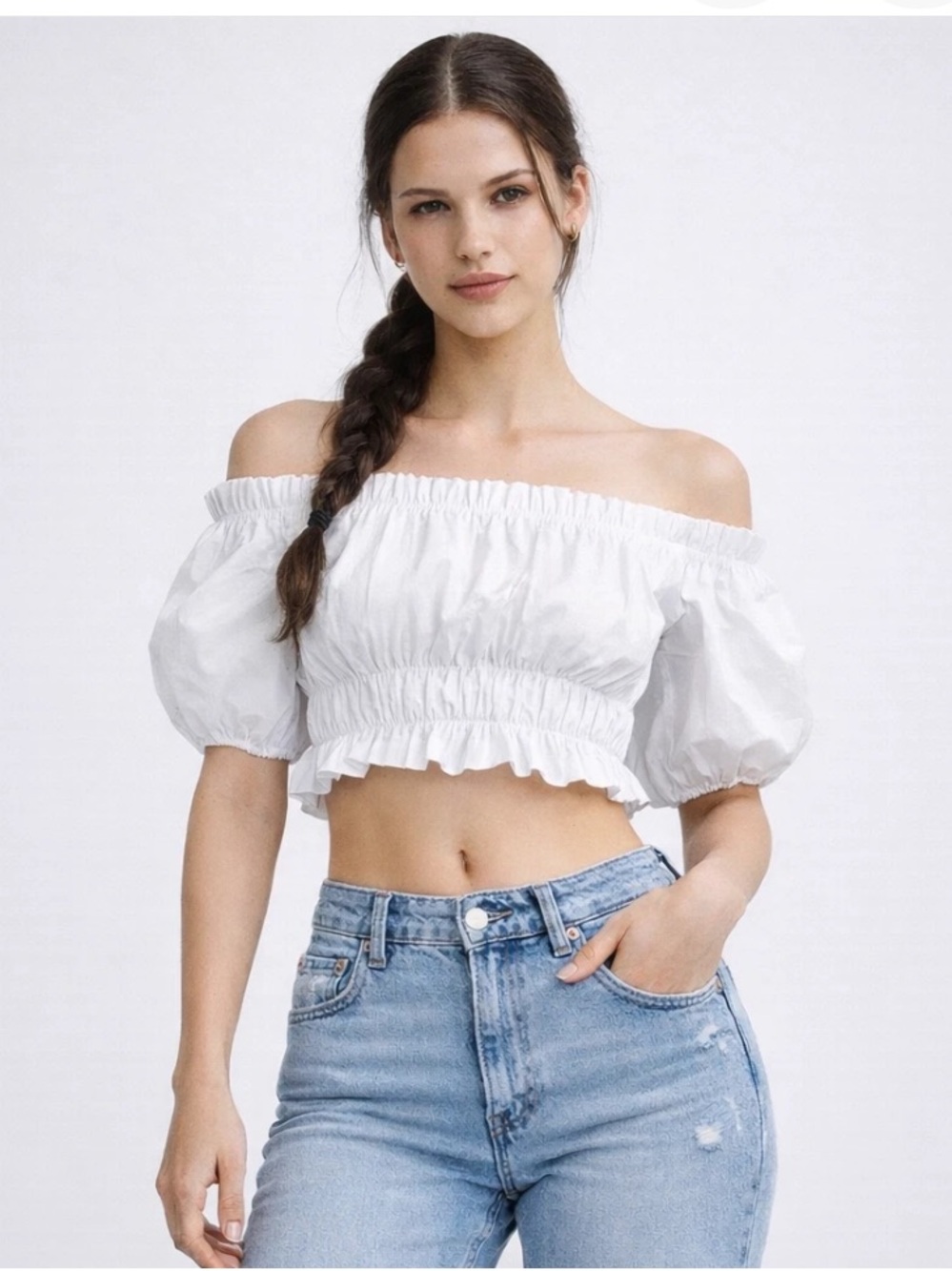 Zara White Off-Shoulder Smocked Crop Top with Puff Sleeves Size S
